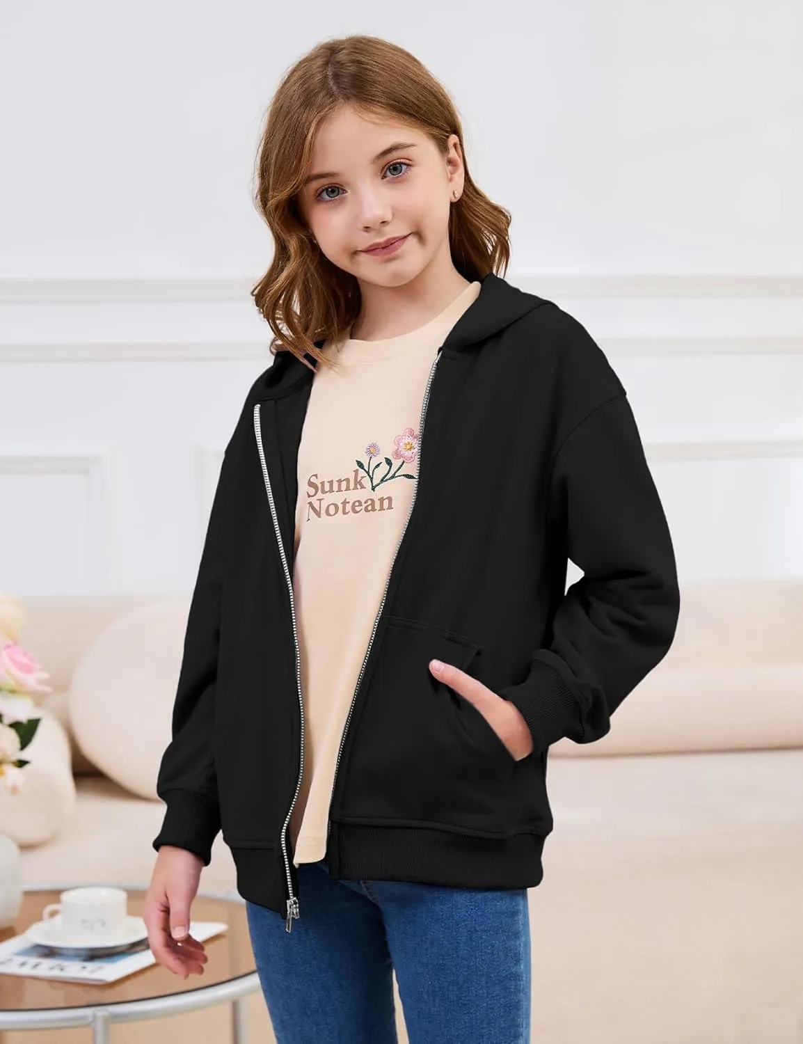 Flygo Unisex Boys Girls Hoodie Sweatshirt Full Zip Up Casual Long Sleeve Solid Jacket Kids Lightweight Outwear with Pockets