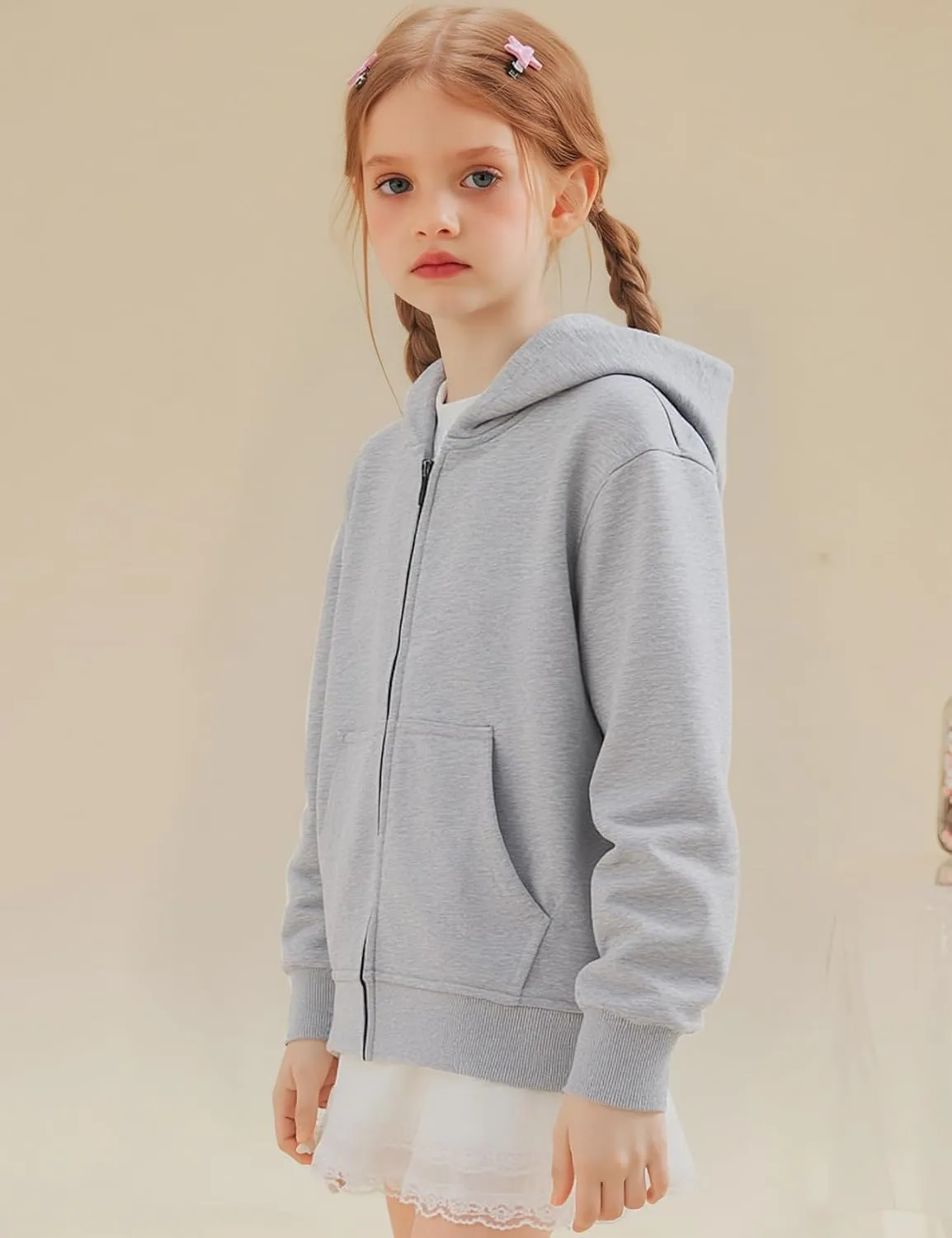 Flygo Unisex Boys Girls Hoodie Sweatshirt Full Zip Up Casual Long Sleeve Solid Jacket Kids Lightweight Outwear with Pockets