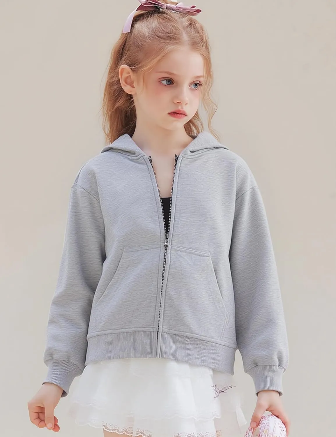Flygo Unisex Boys Girls Hoodie Sweatshirt Full Zip Up Casual Long Sleeve Solid Jacket Kids Lightweight Outwear with Pockets