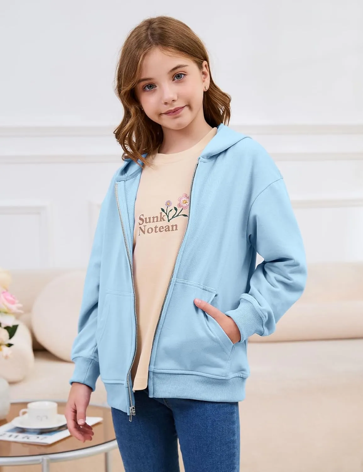 Flygo Unisex Boys Girls Hoodie Sweatshirt Full Zip Up Casual Long Sleeve Solid Jacket Kids Lightweight Outwear with Pockets