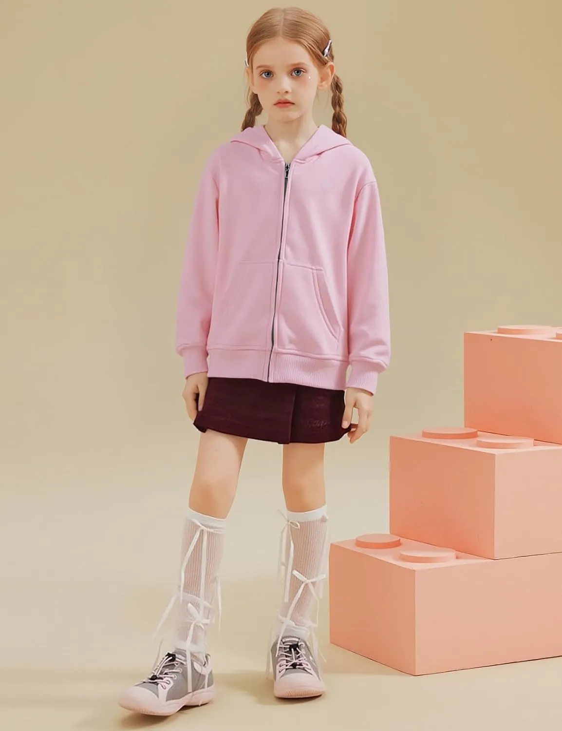 Flygo Unisex Boys Girls Hoodie Sweatshirt Full Zip Up Casual Long Sleeve Solid Jacket Kids Lightweight Outwear with Pockets