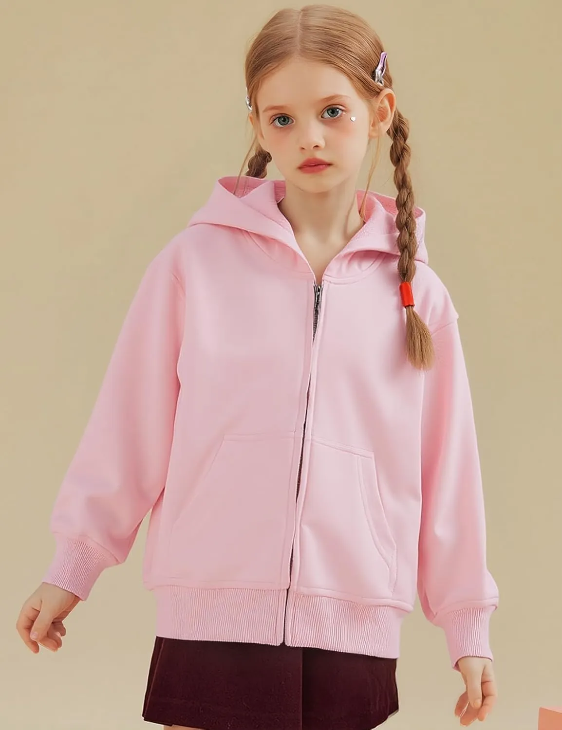 Flygo Unisex Boys Girls Hoodie Sweatshirt Full Zip Up Casual Long Sleeve Solid Jacket Kids Lightweight Outwear with Pockets