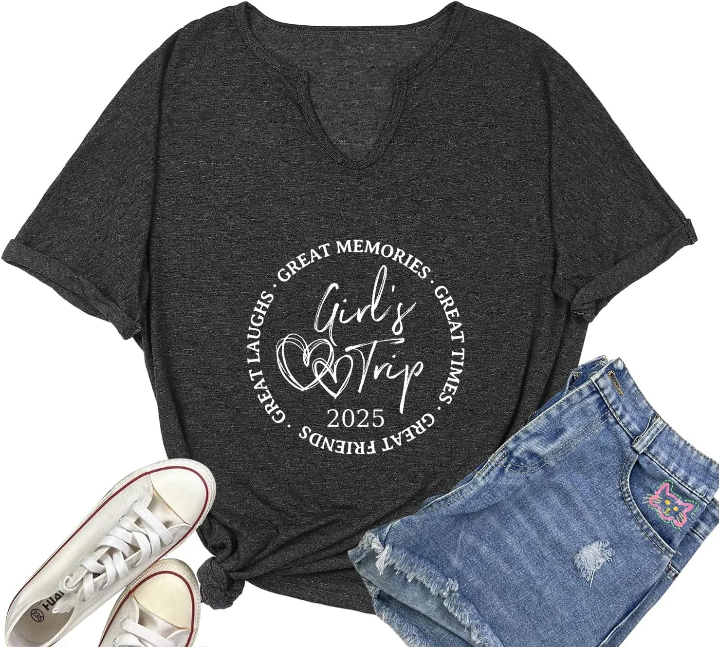 Girl's Trip 2025 V-Neck T-Shirt for Women Besties Vacation Funny Graphic Loose Tops