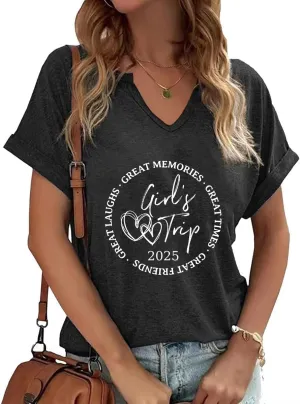 Girl's Trip 2025 V-Neck T-Shirt for Women Besties Vacation Funny Graphic Loose Tops