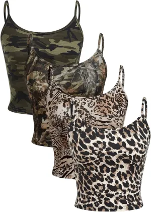 GORGLITTER Women's 4 Pack Leopard Cheetah Spaghetti Strap Camisole Crop Top Camo Sleeveless Cropped Cami Tops