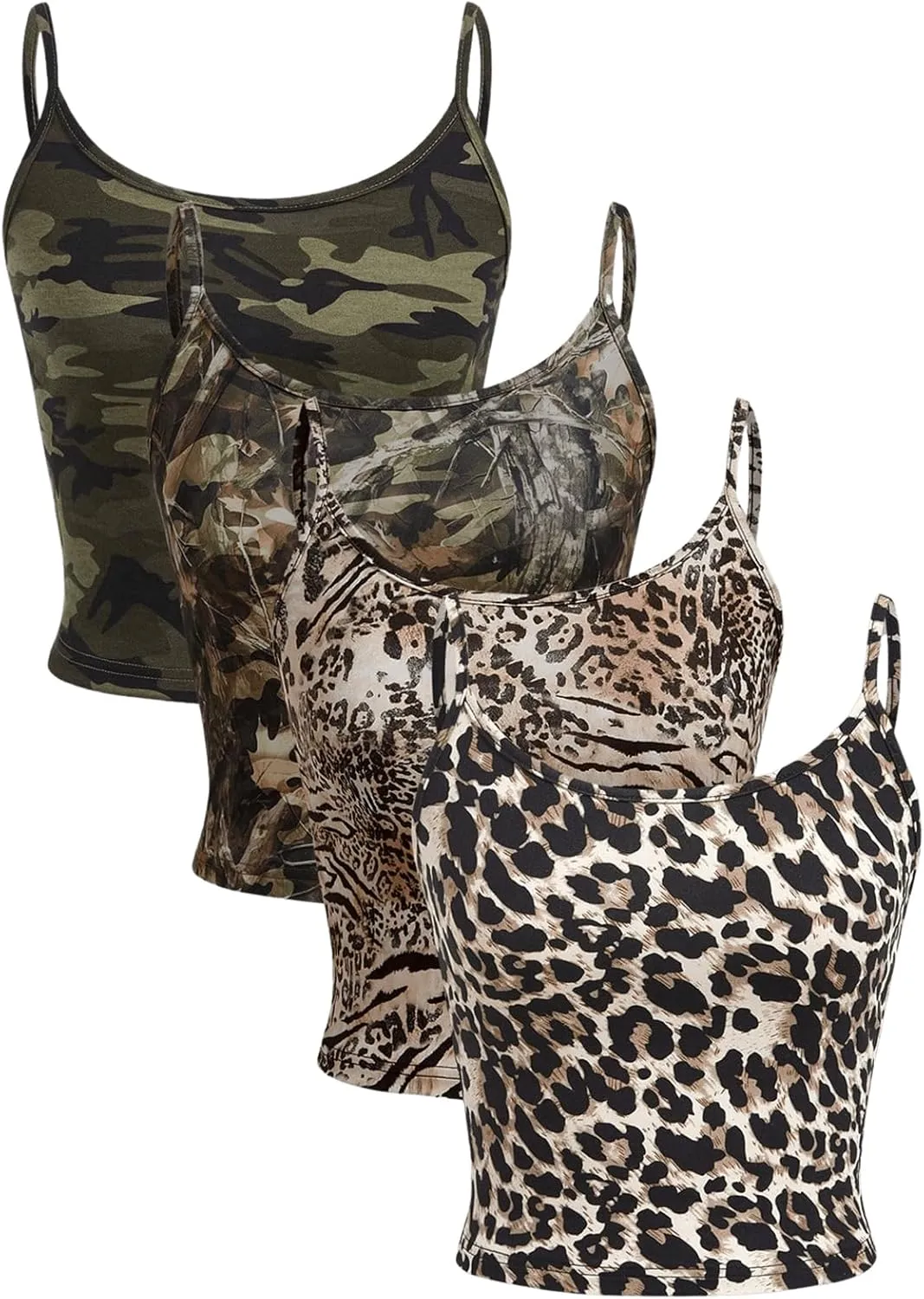 GORGLITTER Women's 4 Pack Leopard Cheetah Spaghetti Strap Camisole Crop Top Camo Sleeveless Cropped Cami Tops