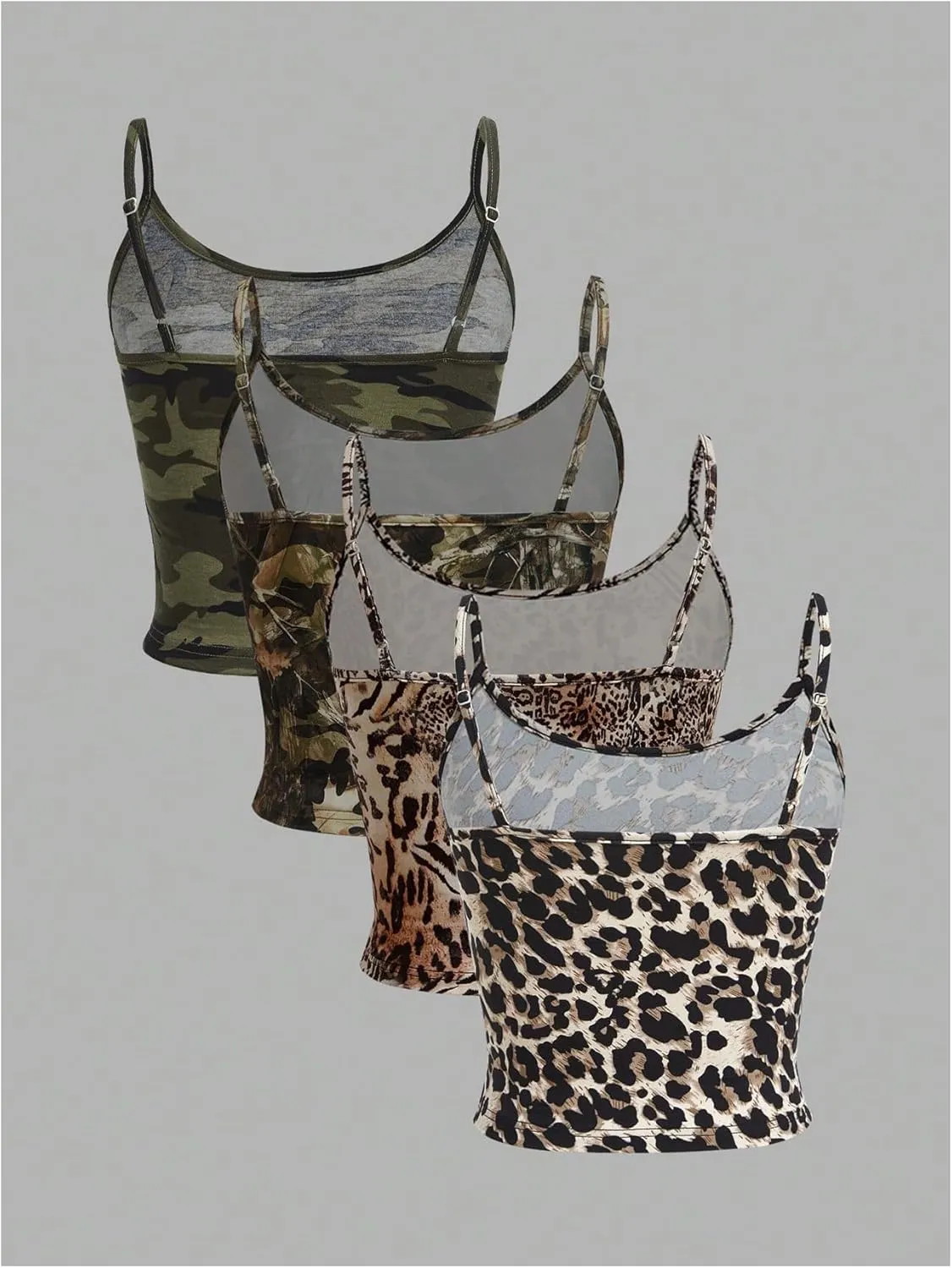 GORGLITTER Women's 4 Pack Leopard Cheetah Spaghetti Strap Camisole Crop Top Camo Sleeveless Cropped Cami Tops