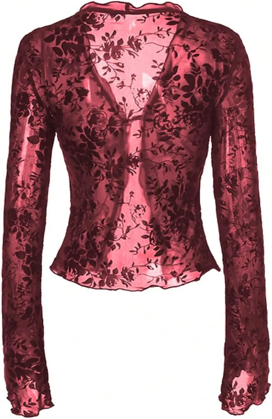 GORGLITTER Women's Tie Front Tops Sheer Mesh Bell Long Sleeve Ruffle Blouse Shirt Crop Top
