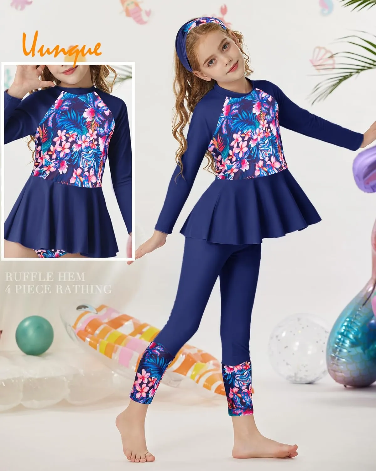 GRACE KARIN Girls Long Sleeve Swimsuit Mermaid Bathing Suit Rash Guard Swimwear 4 Piece Size 5-12