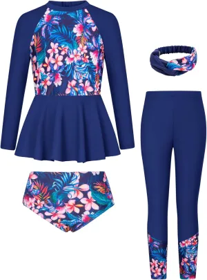 GRACE KARIN Girls Long Sleeve Swimsuit Mermaid Bathing Suit Rash Guard Swimwear 4 Piece Size 5-12