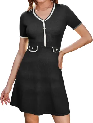 GRACE KARIN Women's Summer Short Sleeve Mini Dress 2025 Causual V Neck A Line Color Block Button Knit Sweater Short Dresses