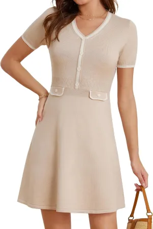 GRACE KARIN Women's Summer Short Sleeve Mini Dress 2025 Causual V Neck A Line Color Block Button Knit Sweater Short Dresses