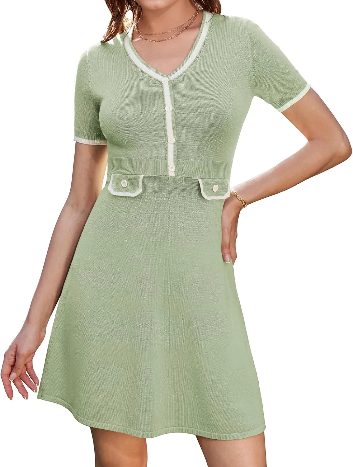 GRACE KARIN Women's Summer Short Sleeve Mini Dress 2025 Causual V Neck A Line Color Block Button Knit Sweater Short Dresses