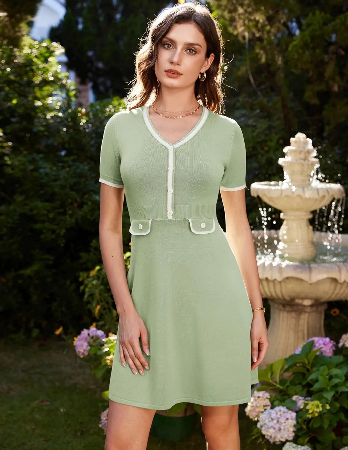 GRACE KARIN Women's Summer Short Sleeve Mini Dress 2025 Causual V Neck A Line Color Block Button Knit Sweater Short Dresses