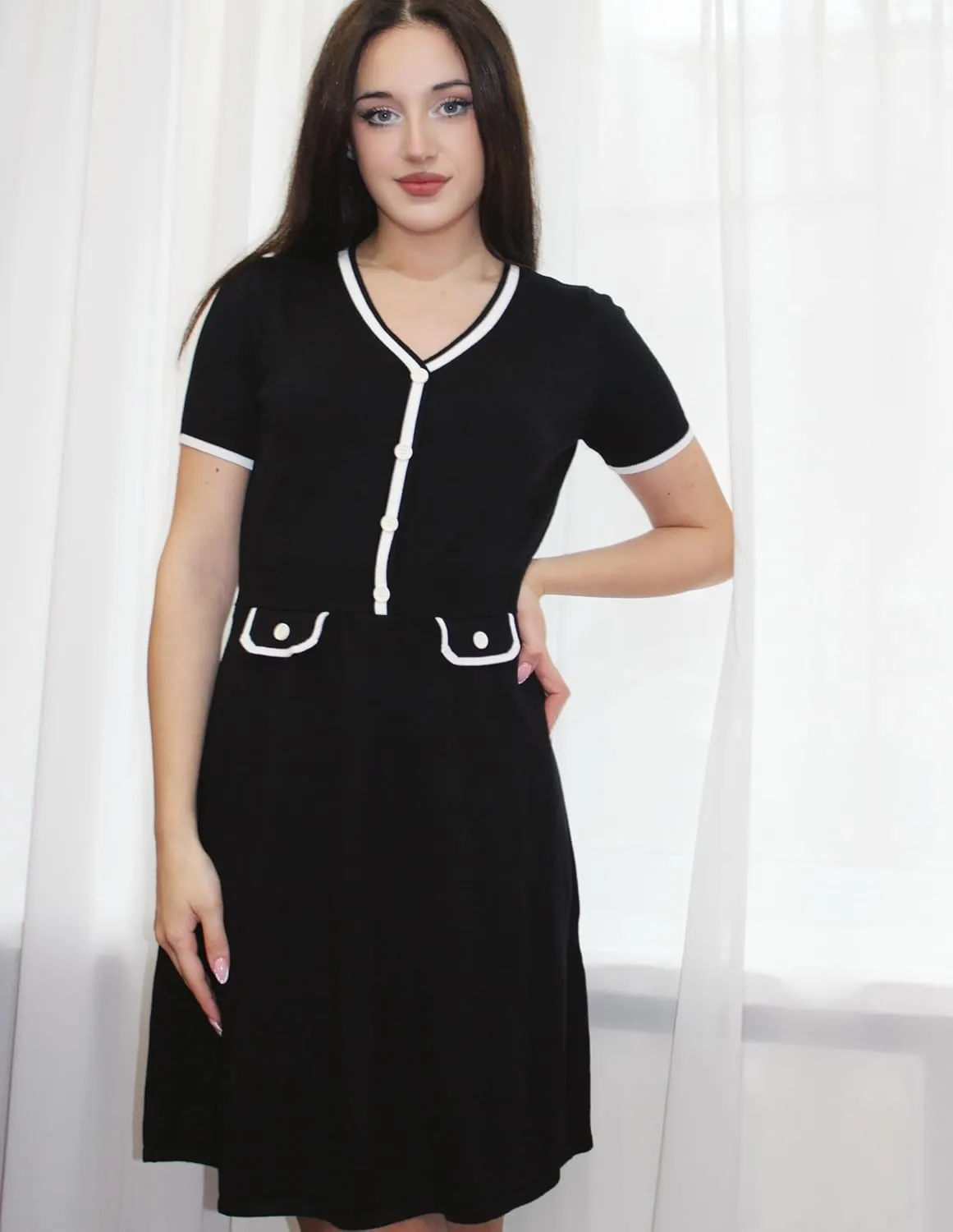 GRACE KARIN Women's Summer Short Sleeve Mini Dress 2025 Causual V Neck A Line Color Block Button Knit Sweater Short Dresses