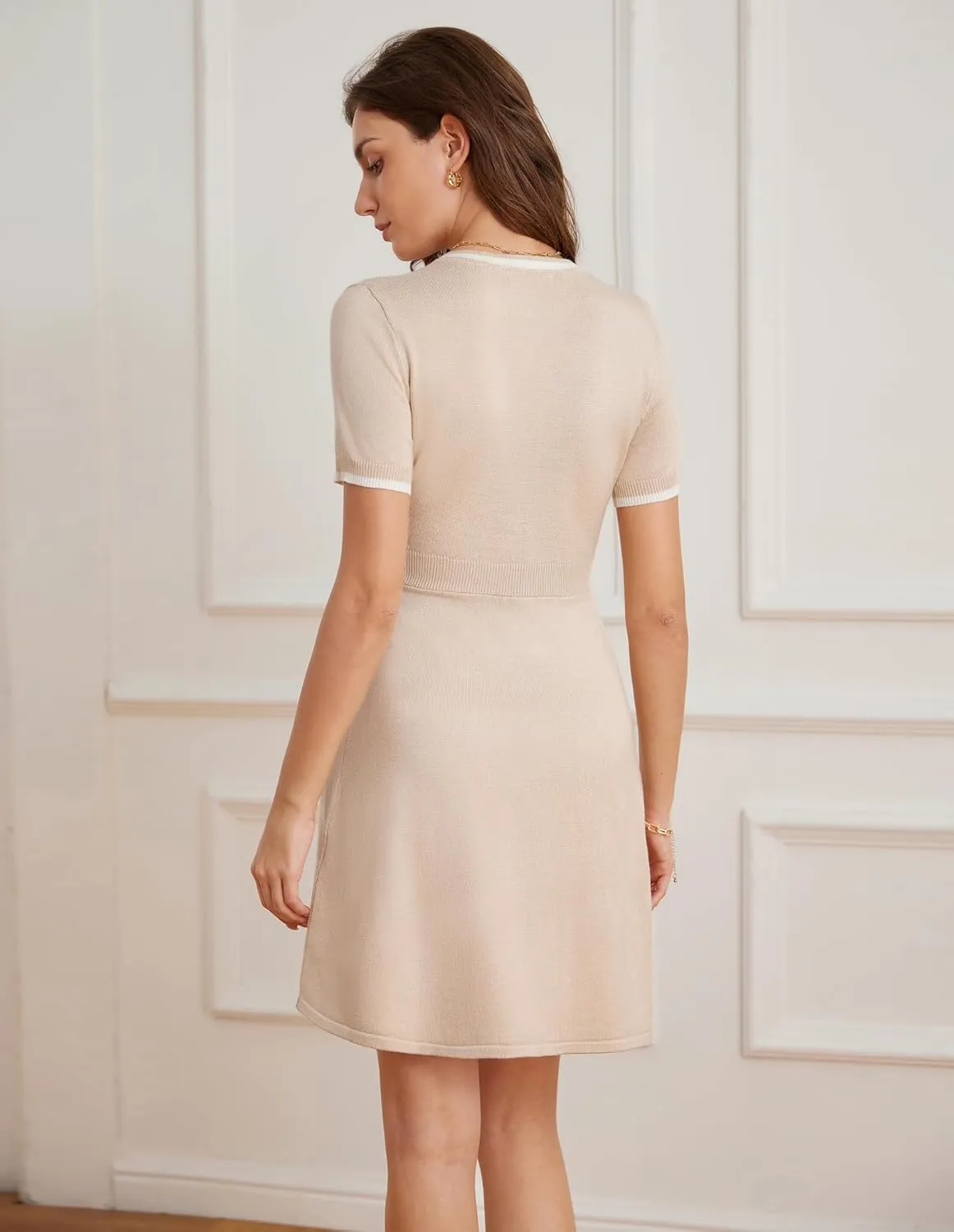 GRACE KARIN Women's Summer Short Sleeve Mini Dress 2025 Causual V Neck A Line Color Block Button Knit Sweater Short Dresses