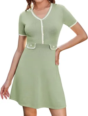 GRACE KARIN Women's Summer Short Sleeve Mini Dress 2025 Causual V Neck A Line Color Block Button Knit Sweater Short Dresses