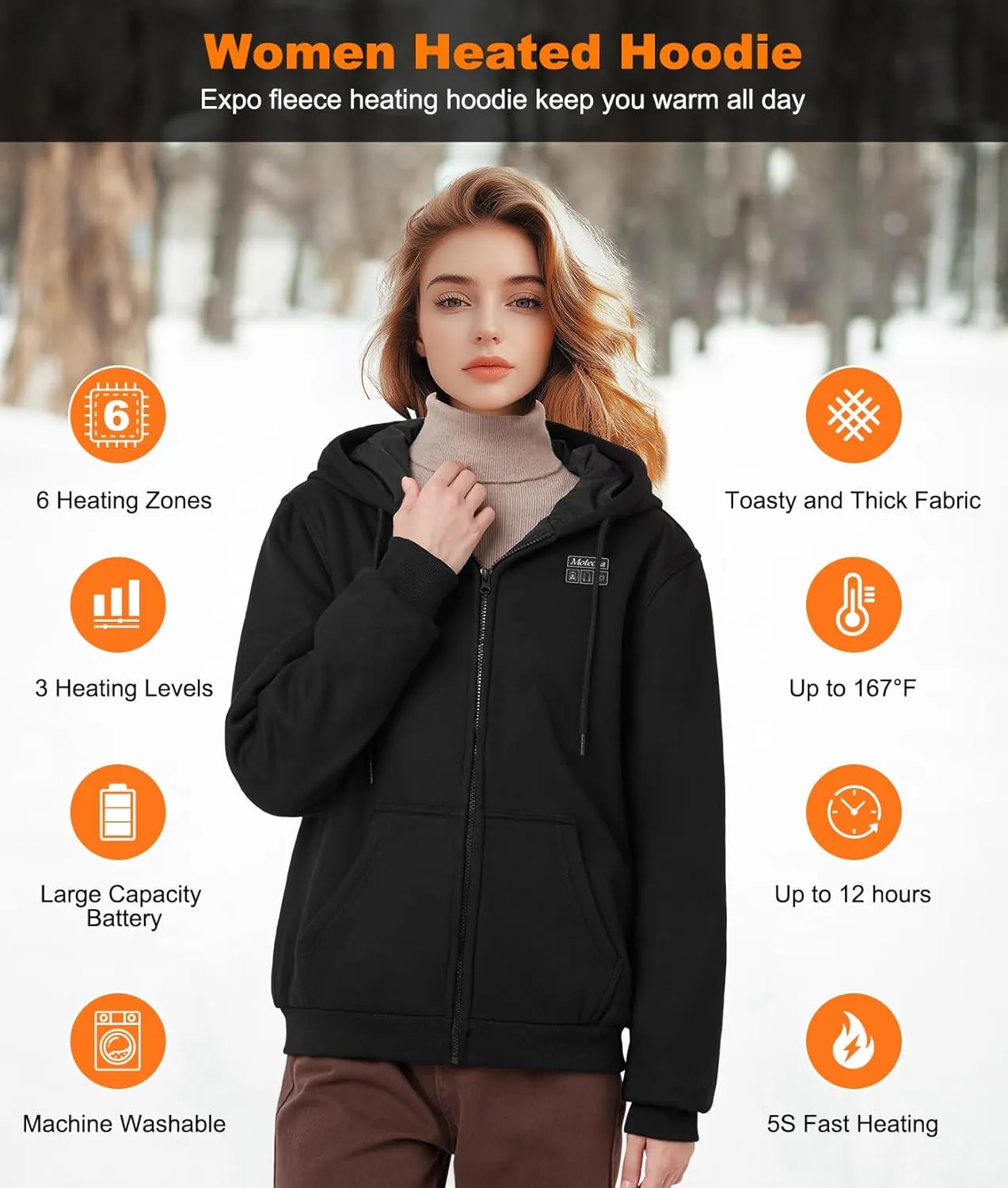 Heated Hoodie for Women with 7.4V 12000mAh Battery Pack, Upgraded Women Heated Sweatshirt with 6 Heating Zones