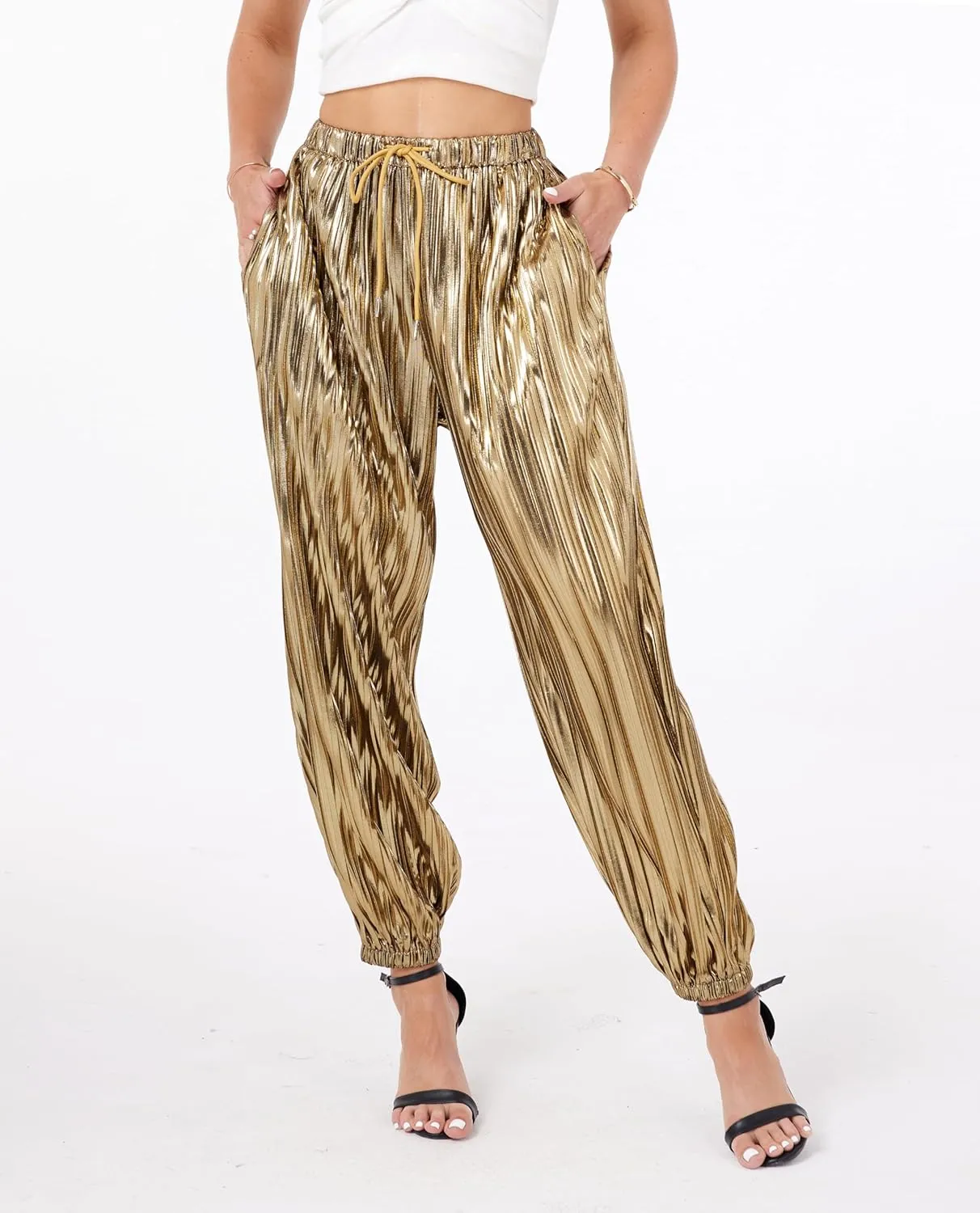 heipeiwa Women's Metallic Pleated Sequin Shiny Joggers Pants Party Club Wear Sweatpant Trouser