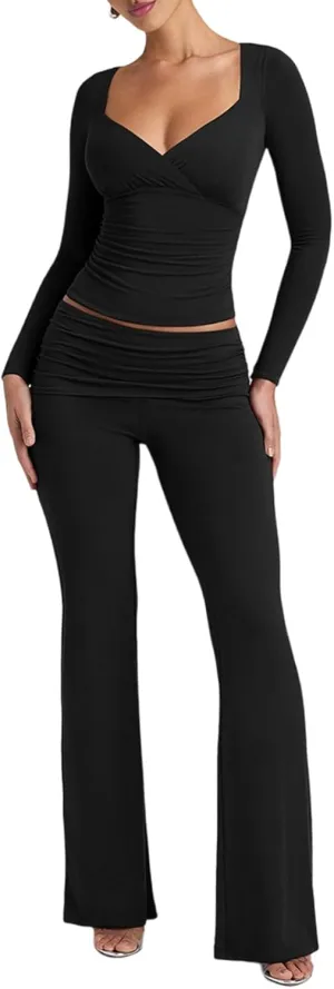 HESUUIO Women 2 Piece Sweatsuit Sexy Long Sleeve Crop Top Fold Over Pants Lounge Sets Casual Fall Tracksuit Outfit Black S