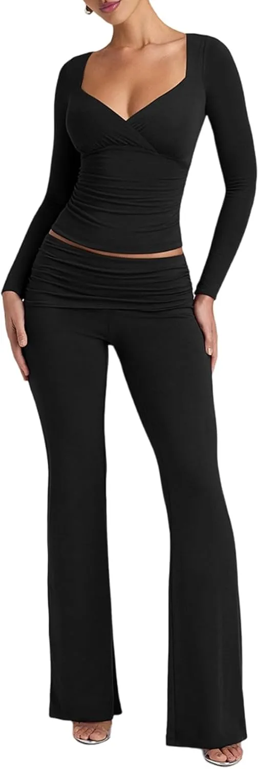 HESUUIO Women 2 Piece Sweatsuit Sexy Long Sleeve Crop Top Fold Over Pants Lounge Sets Casual Fall Tracksuit Outfit Black S