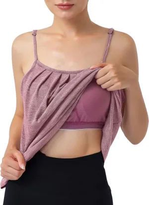 Hibelle Womens Built in Bra Camisole with Adjustable Spaghetti Straps,Pleated Front Flowy Summer Casual Tank Tops