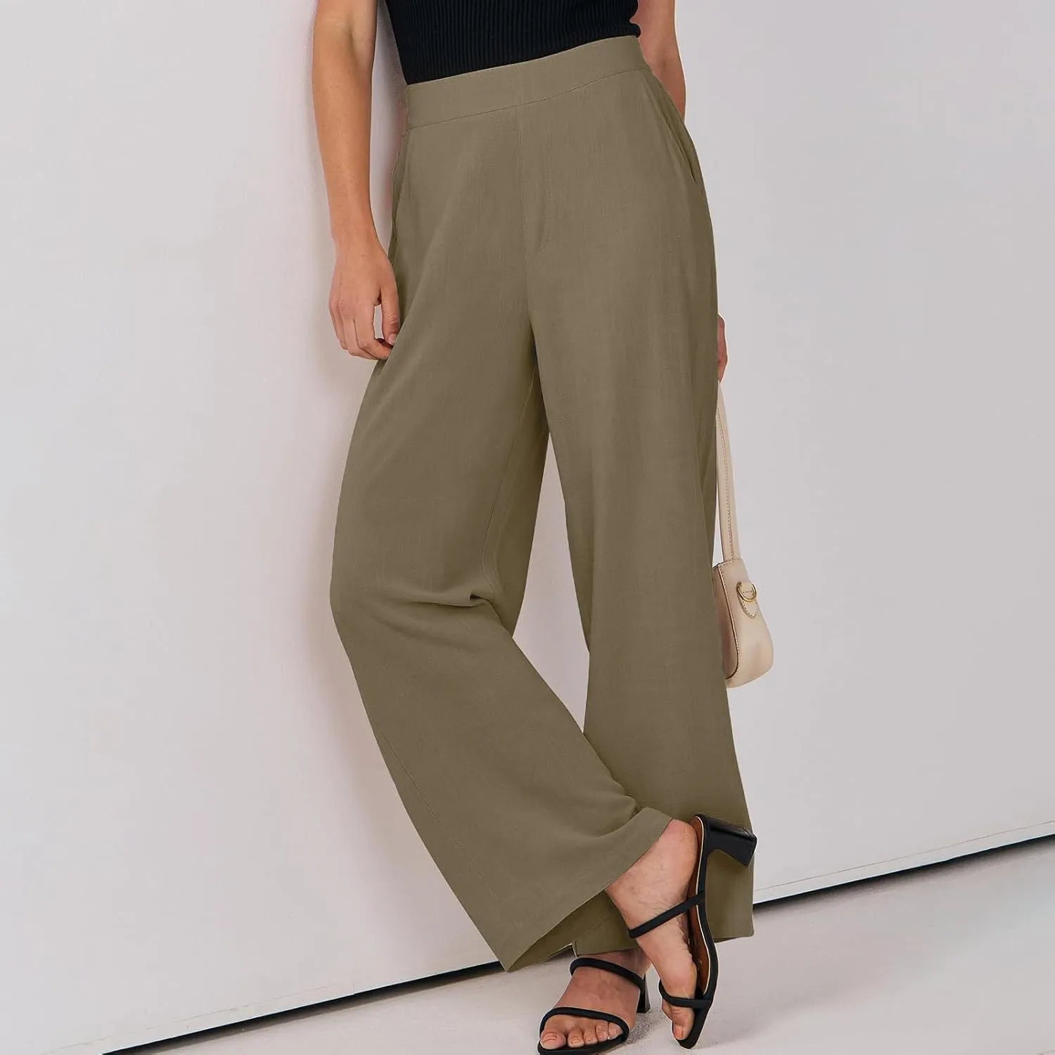 High Waisted Work Pants Women Linen Wide Leg Pants Elastic Waist Business Casual Dress Pants Baggy Summer Trousers