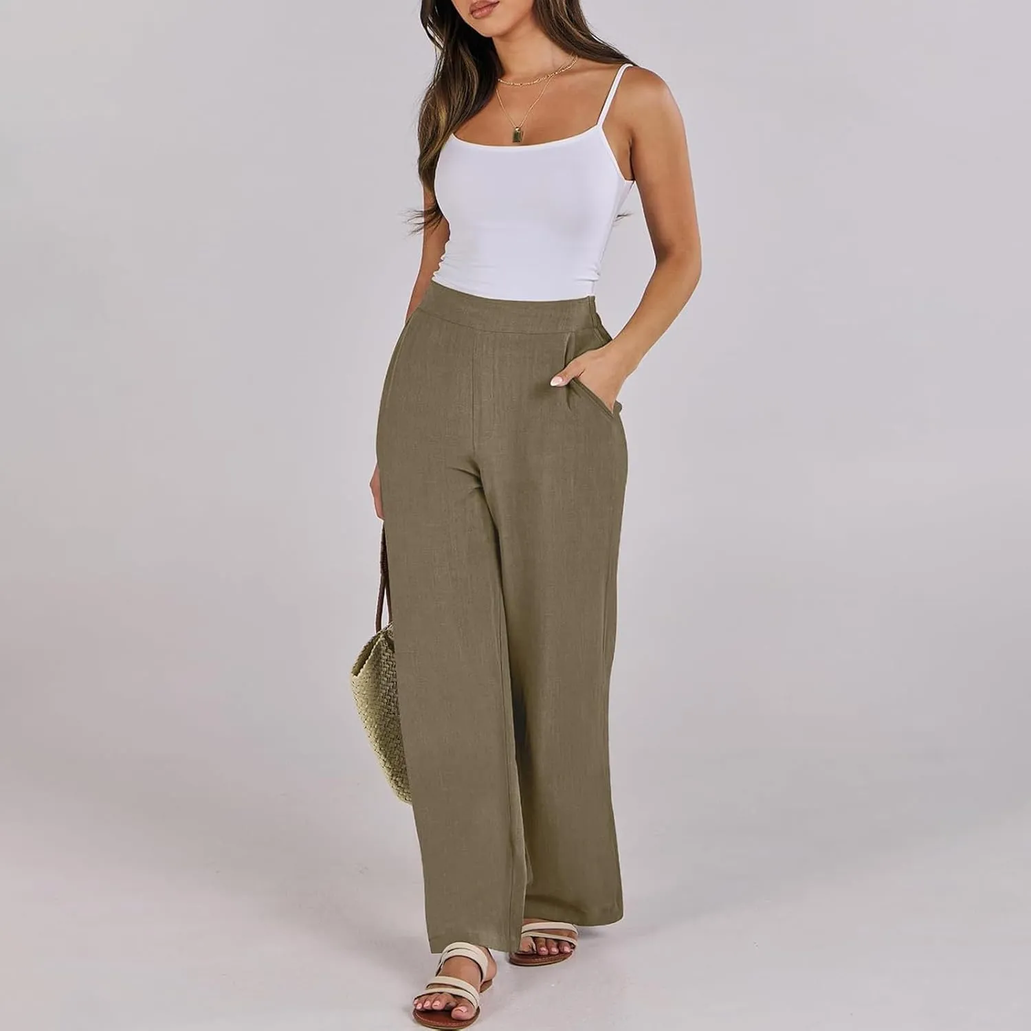 High Waisted Work Pants Women Linen Wide Leg Pants Elastic Waist Business Casual Dress Pants Baggy Summer Trousers