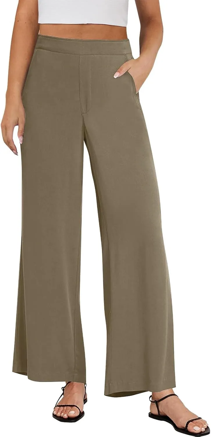High Waisted Work Pants Women Linen Wide Leg Pants Elastic Waist Business Casual Dress Pants Baggy Summer Trousers