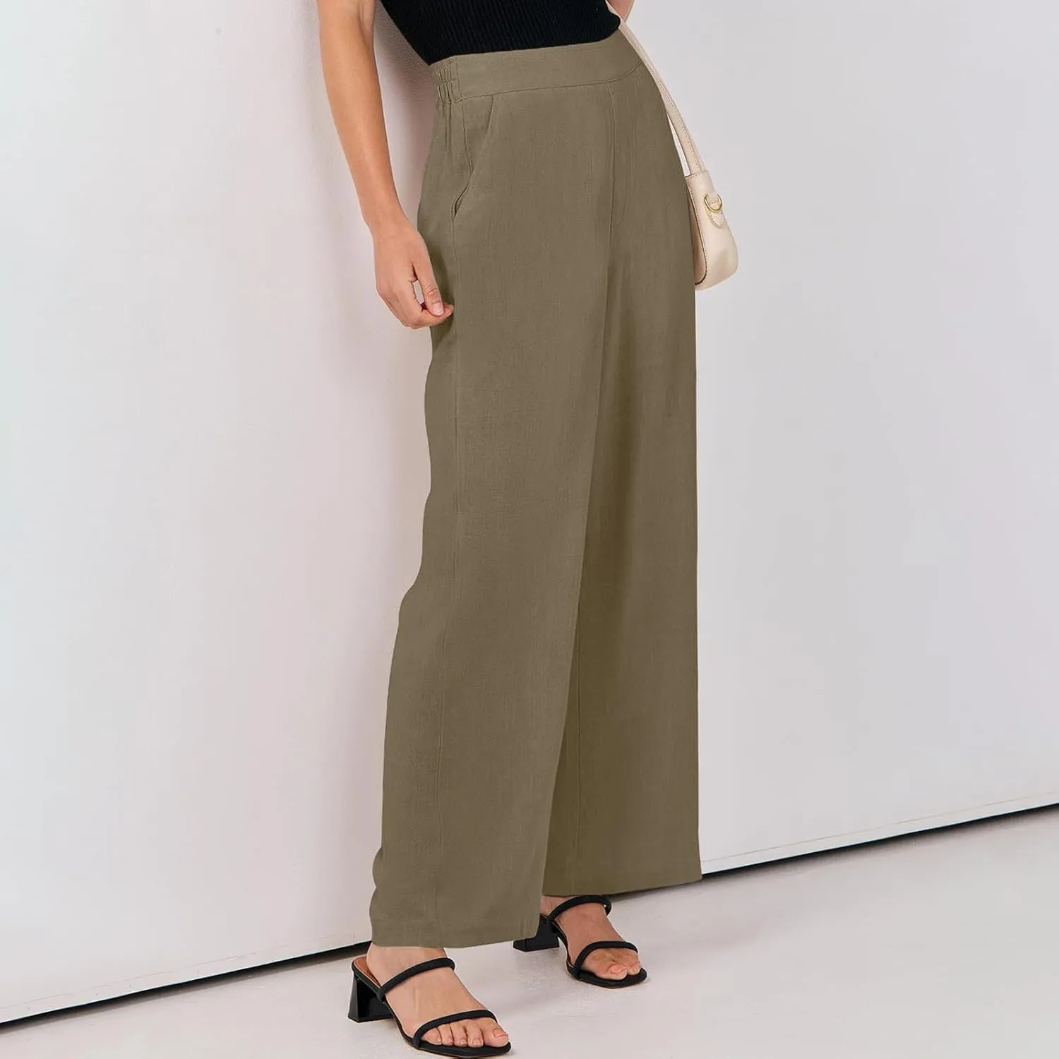 High Waisted Work Pants Women Linen Wide Leg Pants Elastic Waist Business Casual Dress Pants Baggy Summer Trousers