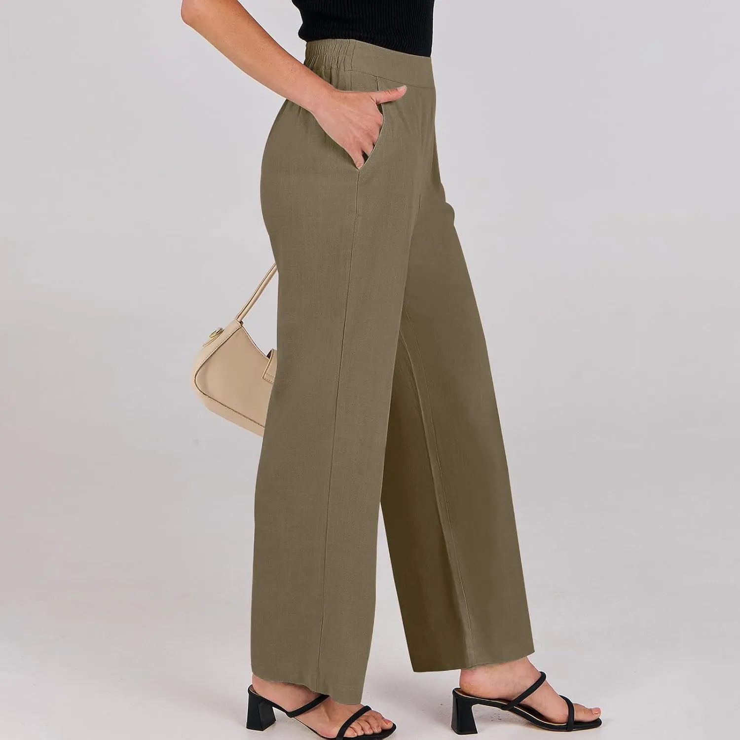 High Waisted Work Pants Women Linen Wide Leg Pants Elastic Waist Business Casual Dress Pants Baggy Summer Trousers