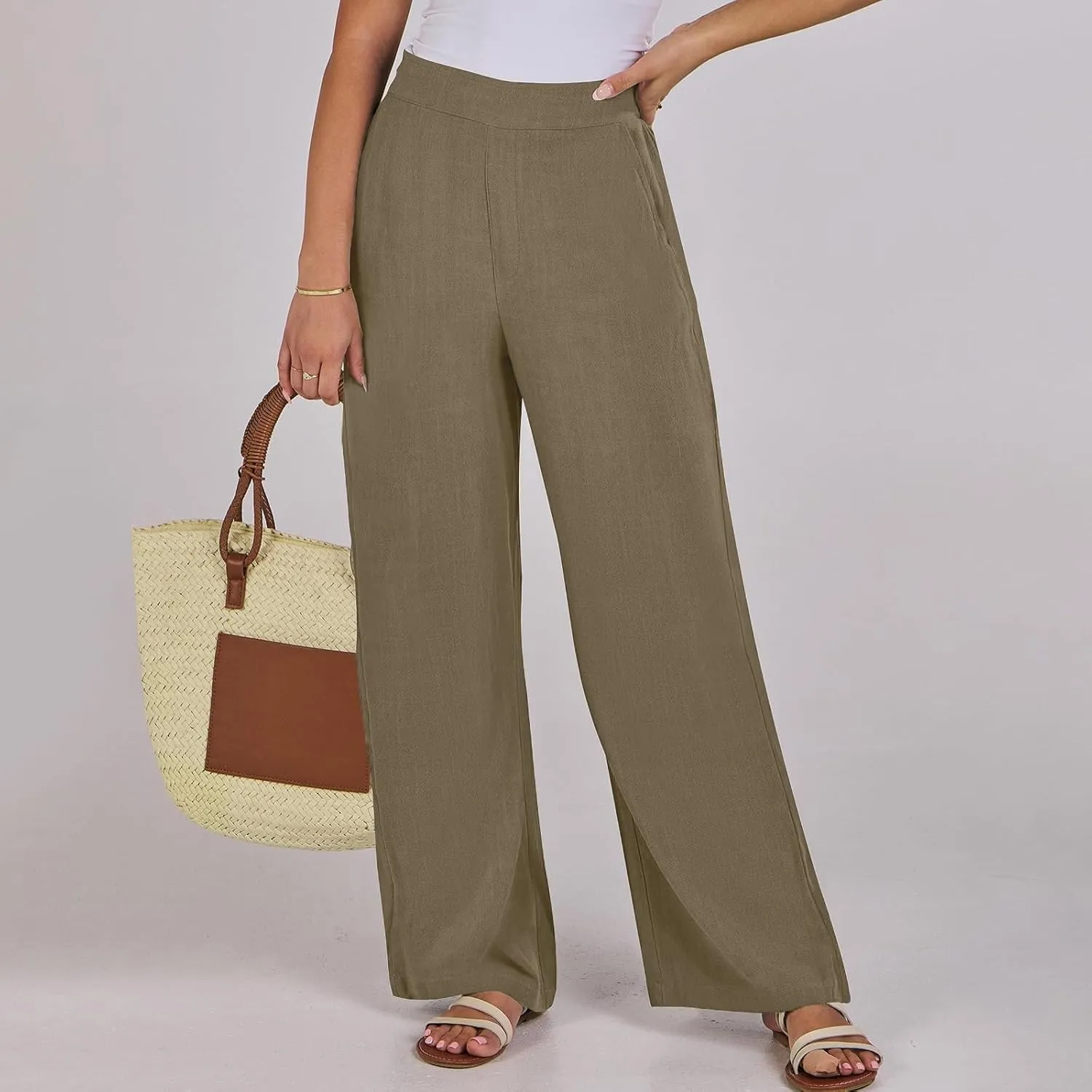 High Waisted Work Pants Women Linen Wide Leg Pants Elastic Waist Business Casual Dress Pants Baggy Summer Trousers