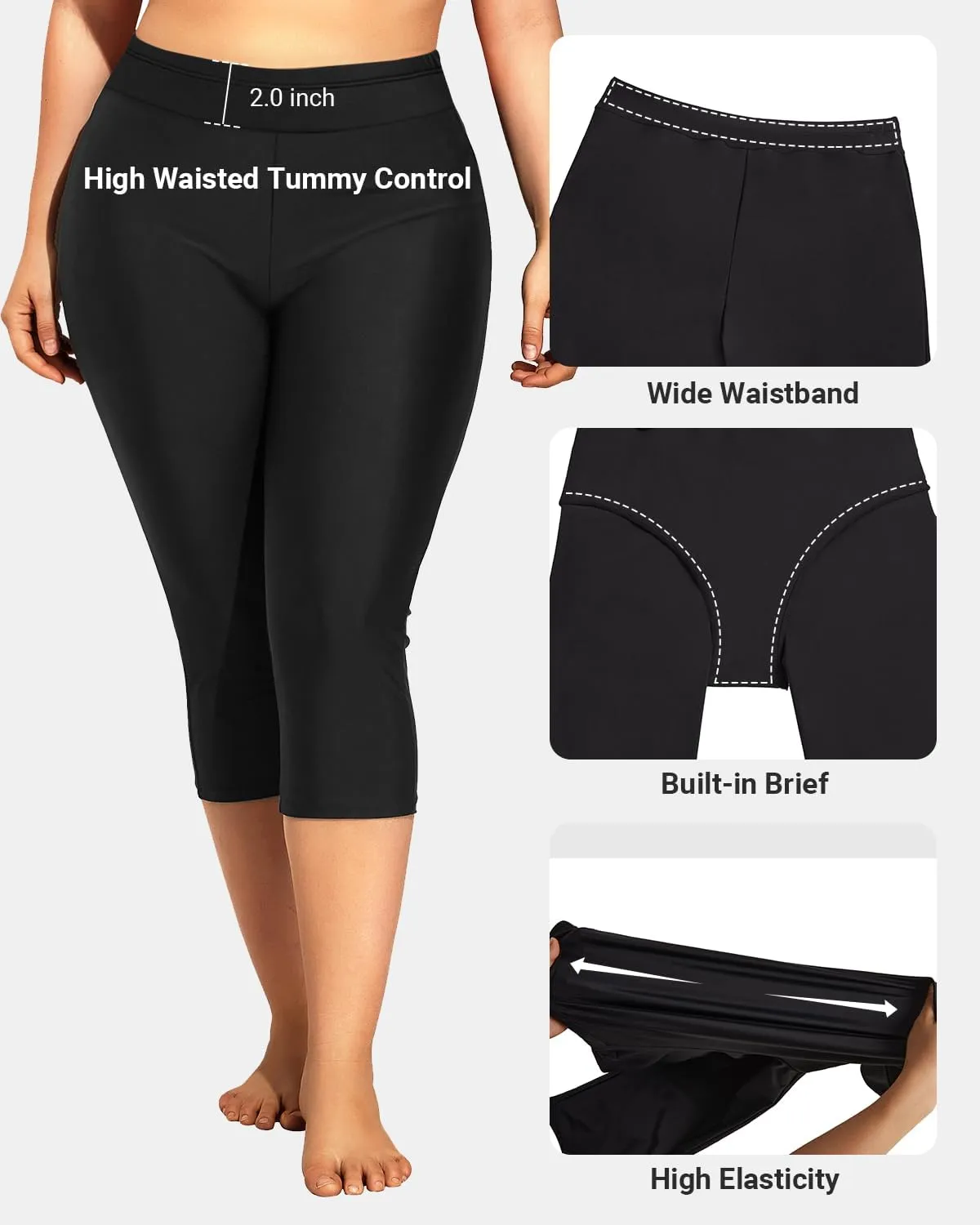 Holipick Plus Size Swim Pants for Women Swim Capris High Waisted Swim Leggings UPF 50  Long Swim Shorts