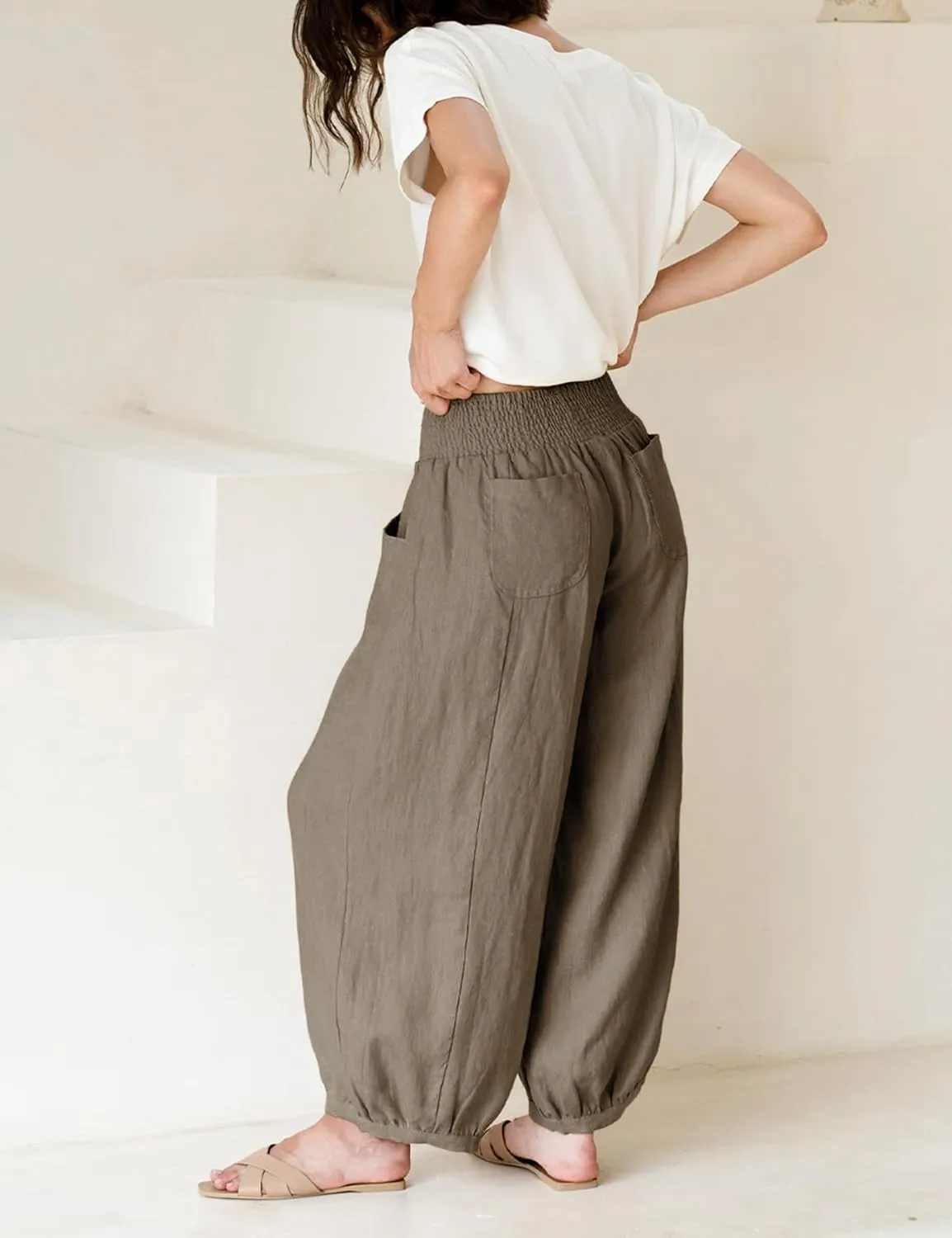 Hooever Women's Cotton Linen Pants Summer High Waisted Wide Leg Palazzo Pant Flowy Beach Trousers