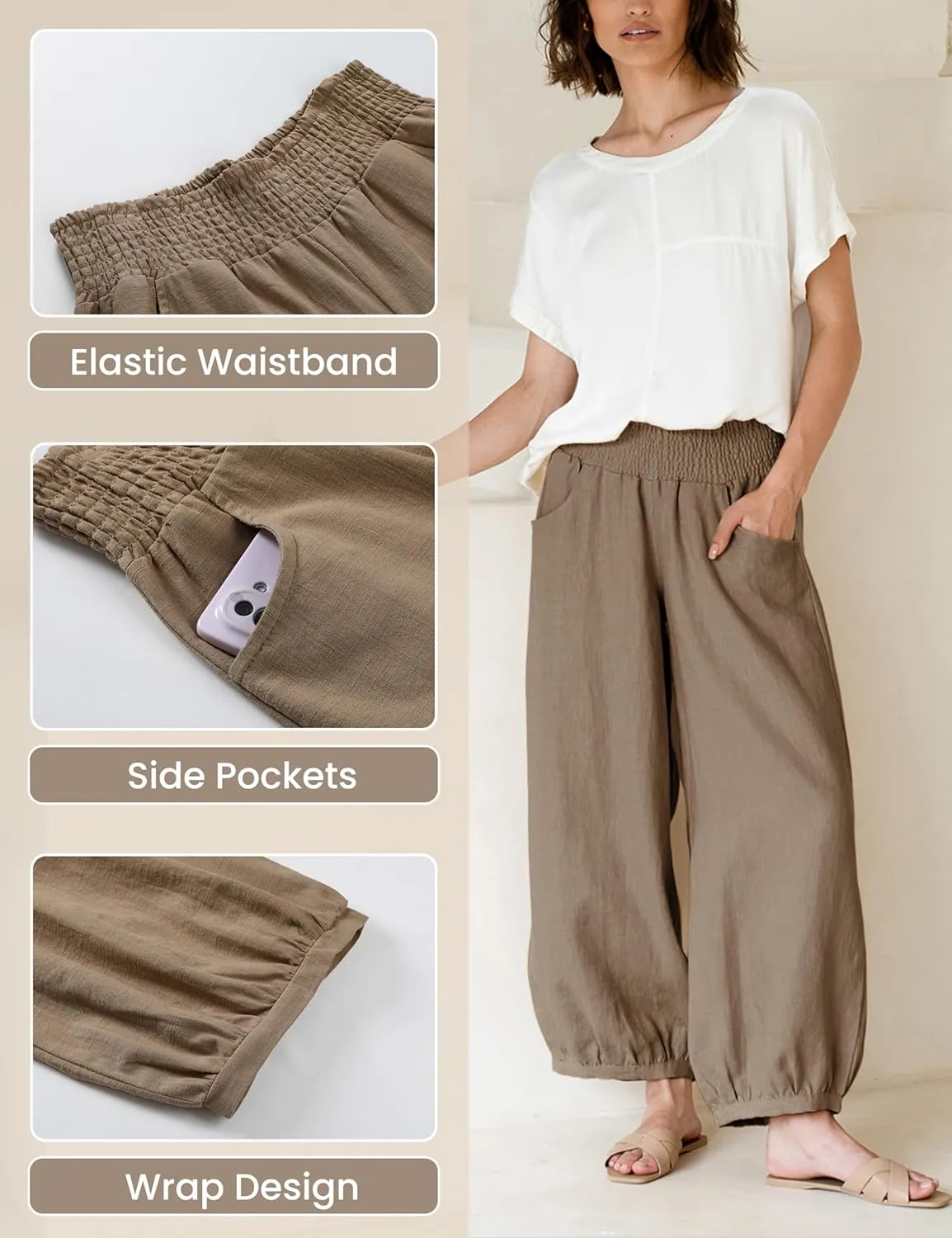 Hooever Women's Cotton Linen Pants Summer High Waisted Wide Leg Palazzo Pant Flowy Beach Trousers