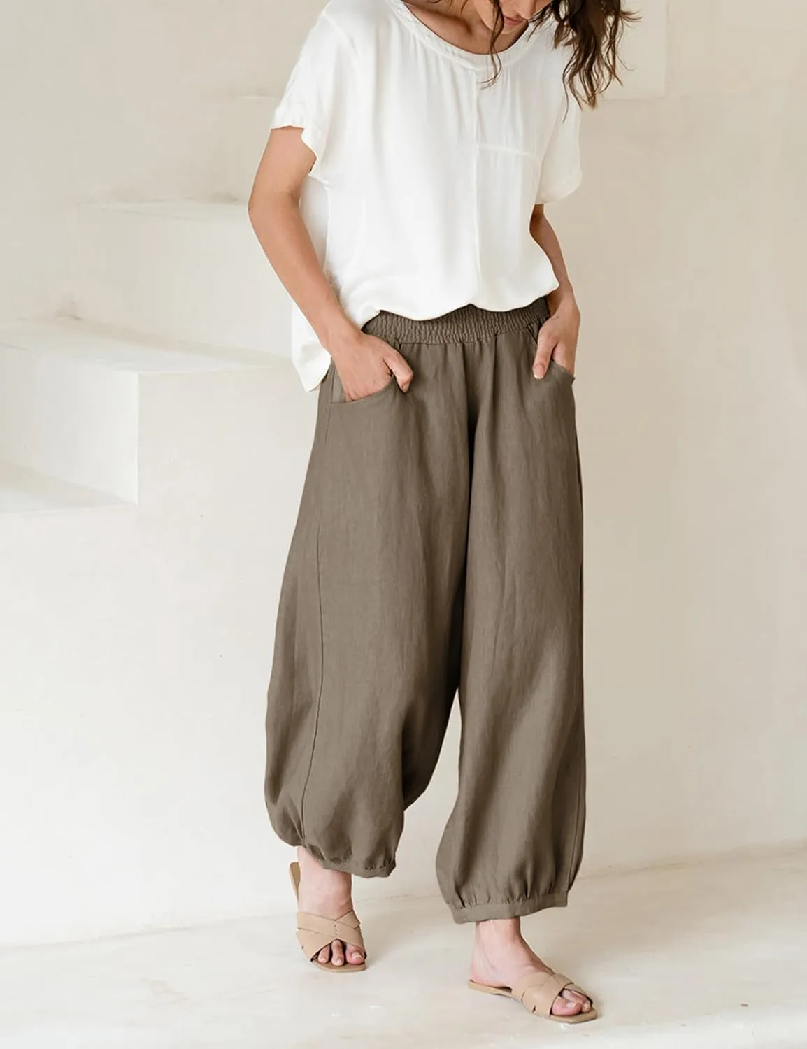 Hooever Women's Cotton Linen Pants Summer High Waisted Wide Leg Palazzo Pant Flowy Beach Trousers