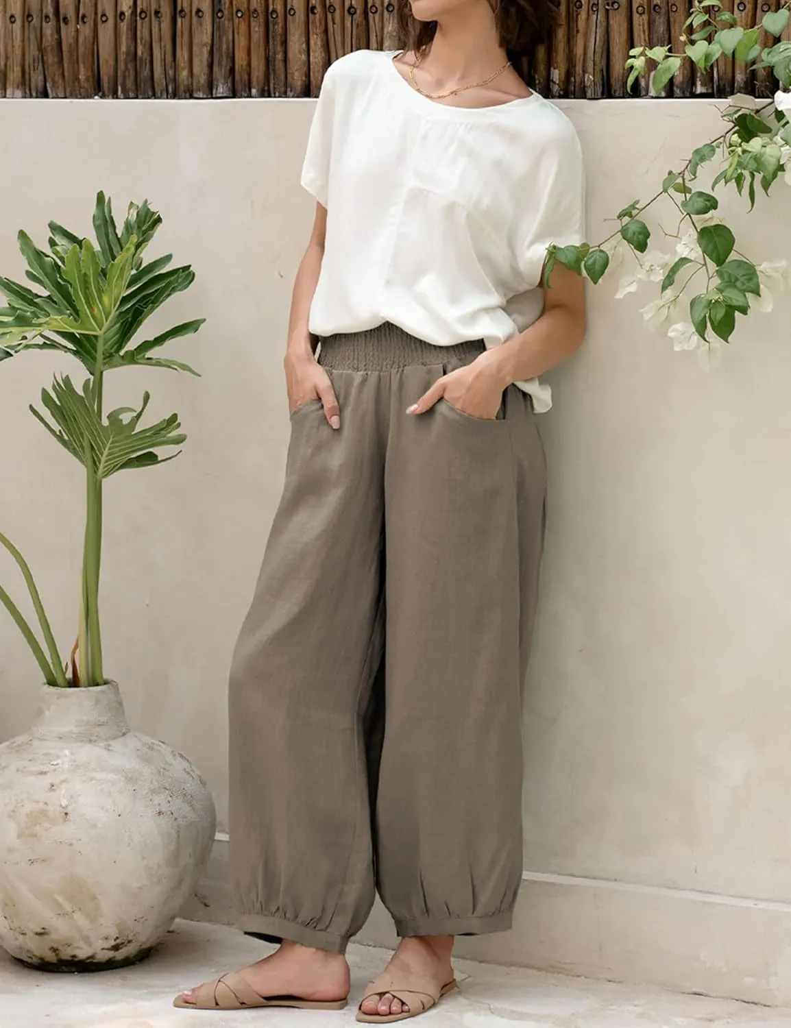 Hooever Women's Cotton Linen Pants Summer High Waisted Wide Leg Palazzo Pant Flowy Beach Trousers