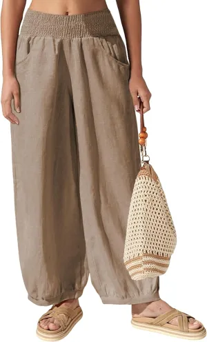 Hooever Women's Cotton Linen Pants Summer High Waisted Wide Leg Palazzo Pant Flowy Beach Trousers