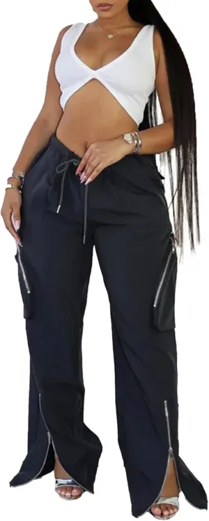 HuiSiFang Womens Baggy Cargo Pants High Waisted Casual Wide Leg Slit Drawstring Trousers with Pockets