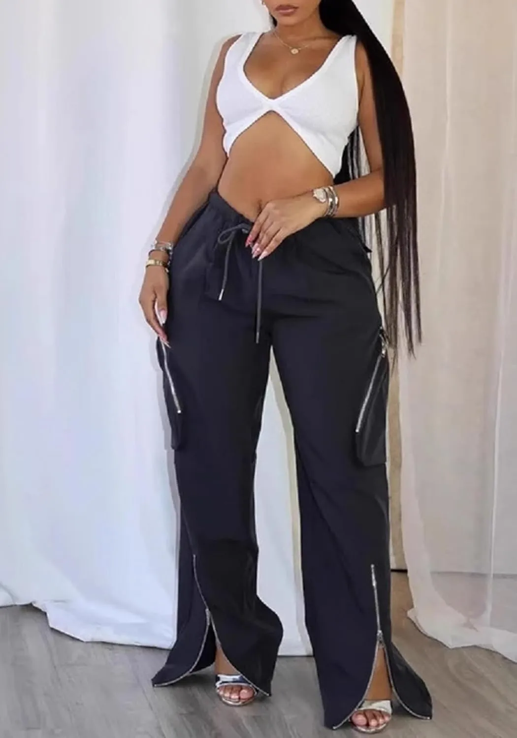 HuiSiFang Womens Baggy Cargo Pants High Waisted Casual Wide Leg Slit Drawstring Trousers with Pockets