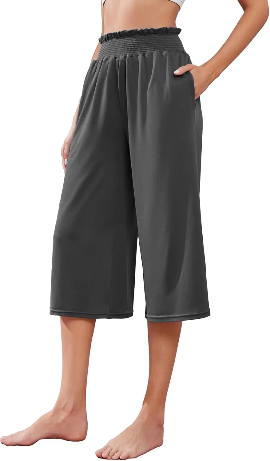 iChunhua Wide Leg Capri Yoga Pants for Women Loose Summer Ruffles High Rise Cropped Bottom with Pockets