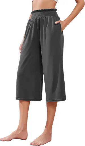 iChunhua Wide Leg Capri Yoga Pants for Women Loose Summer Ruffles High Rise Cropped Bottom with Pockets