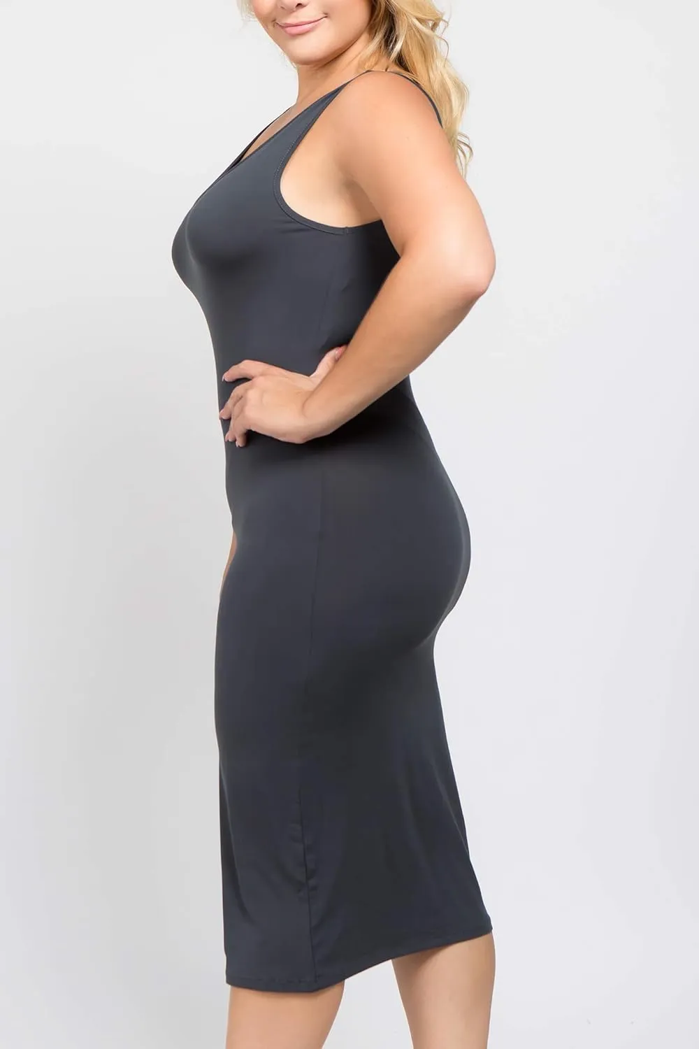 ICONOFLASH Women's Bodycon Midi Tank Dress Scoop Neck Fitted Sleeveless Dress with Plus Size Options