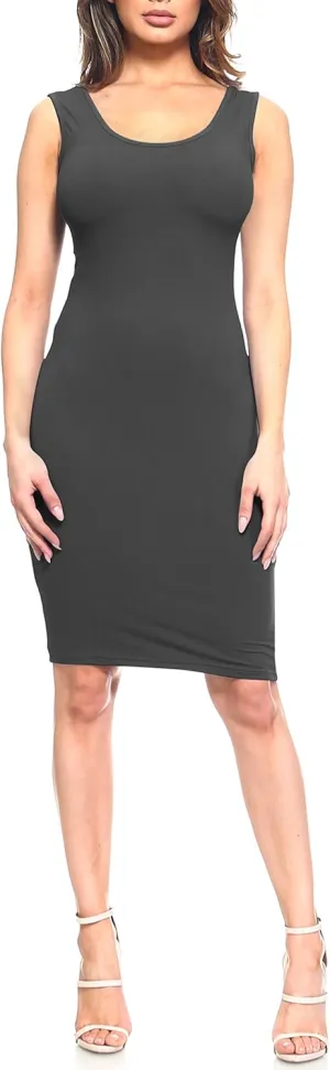 ICONOFLASH Women's Bodycon Midi Tank Dress Scoop Neck Fitted Sleeveless Dress with Plus Size Options