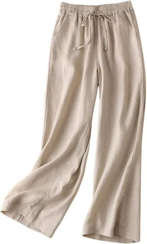 IDEALSANXUN Womens Casual Elastic Waist Cotton Linen Straight Leg Pants Loose Fit Palazzo Pants