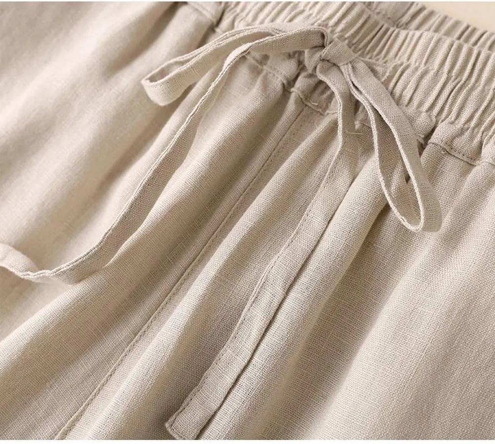 IDEALSANXUN Womens Casual Elastic Waist Cotton Linen Straight Leg Pants Loose Fit Palazzo Pants