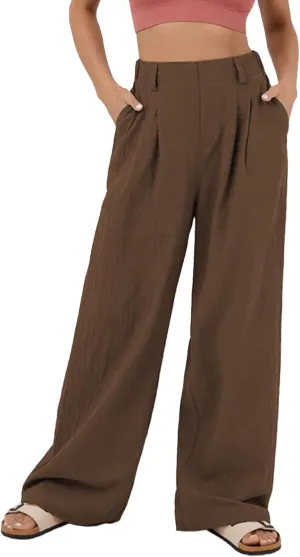 IFFEI Womens Linen Pants Casual Loose Wide Leg High Waist Button Up Pants Trousers with Pockets