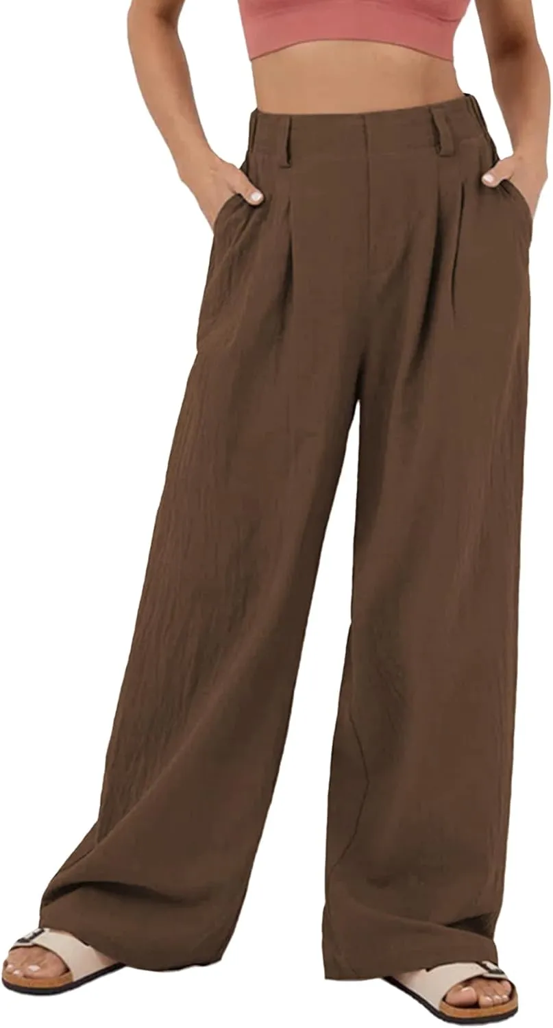 IFFEI Womens Linen Pants Casual Loose Wide Leg High Waist Button Up Pants Trousers with Pockets