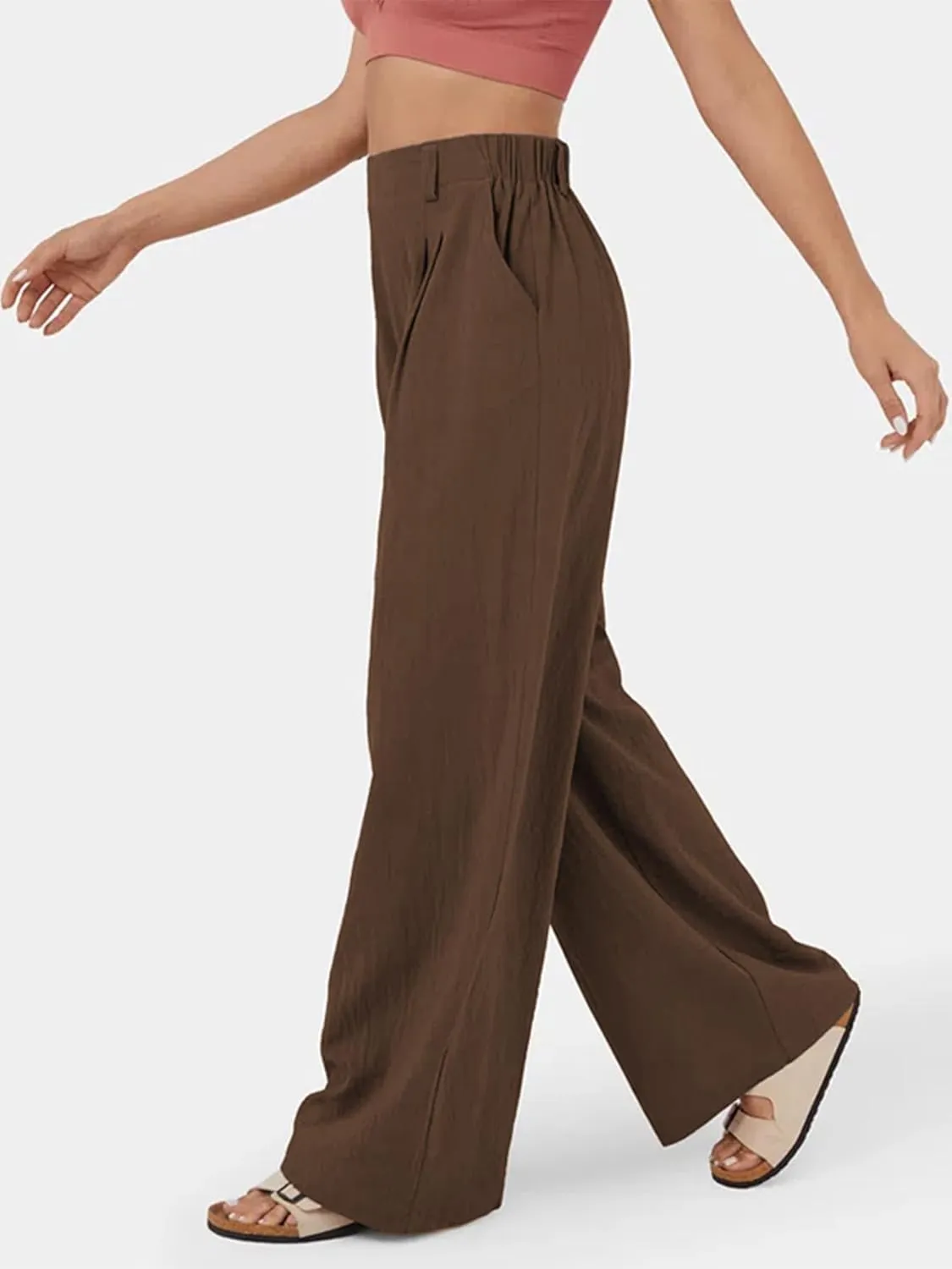 IFFEI Womens Linen Pants Casual Loose Wide Leg High Waist Button Up Pants Trousers with Pockets