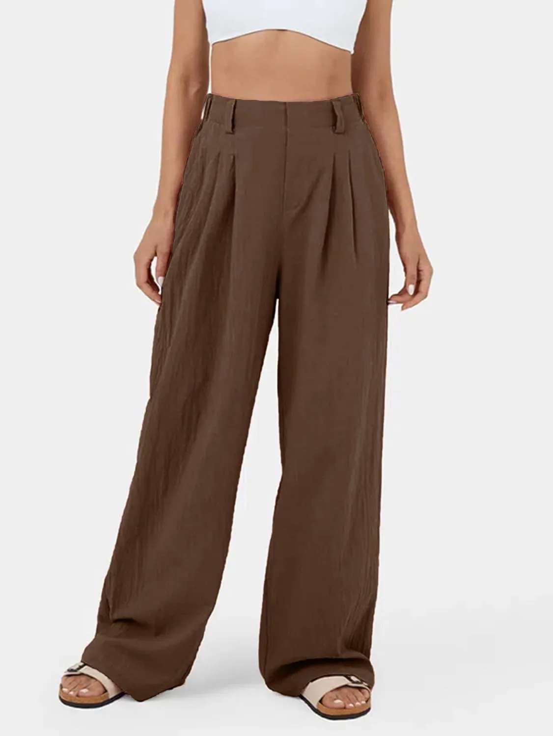 IFFEI Womens Linen Pants Casual Loose Wide Leg High Waist Button Up Pants Trousers with Pockets